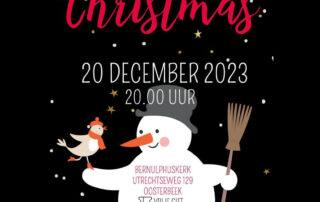 Aankondiging Kerstconcert 20-12-2023. Op de achtergrond staat een illustratie van een vrolijke sneeuwman met een vogeltje en een bezem. de rest van de achtergrond in zwart met sterretjes en sneeuwvlokken