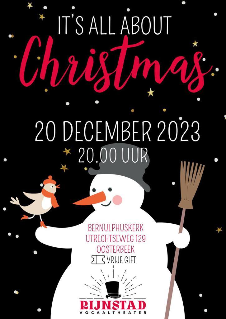 Aankondiging Kerstconcert 20-12-2023. Op de achtergrond staat een illustratie van een vrolijke sneeuwman met een vogeltje en een bezem. de rest van de achtergrond in zwart met sterretjes en sneeuwvlokken
